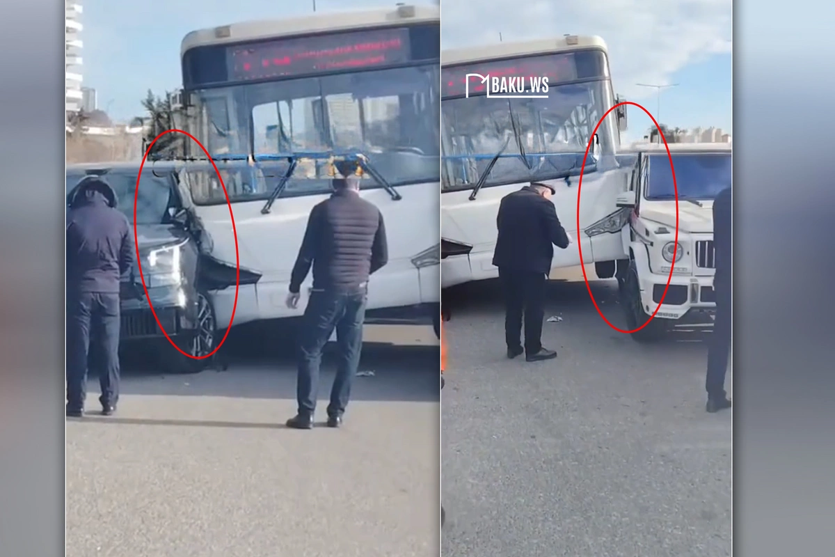 Необычное ДТП в Баку: маршрутный автобус застрял между Gelandewagen и Prado