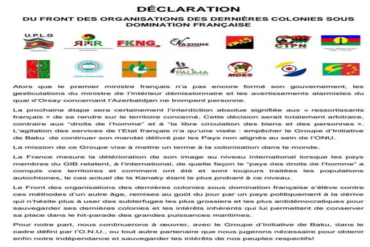 Освободительный Фронт французских колоний выступил с ответным заявлением в связи с предупреждением МИД Франции о поездках в Азербайджан