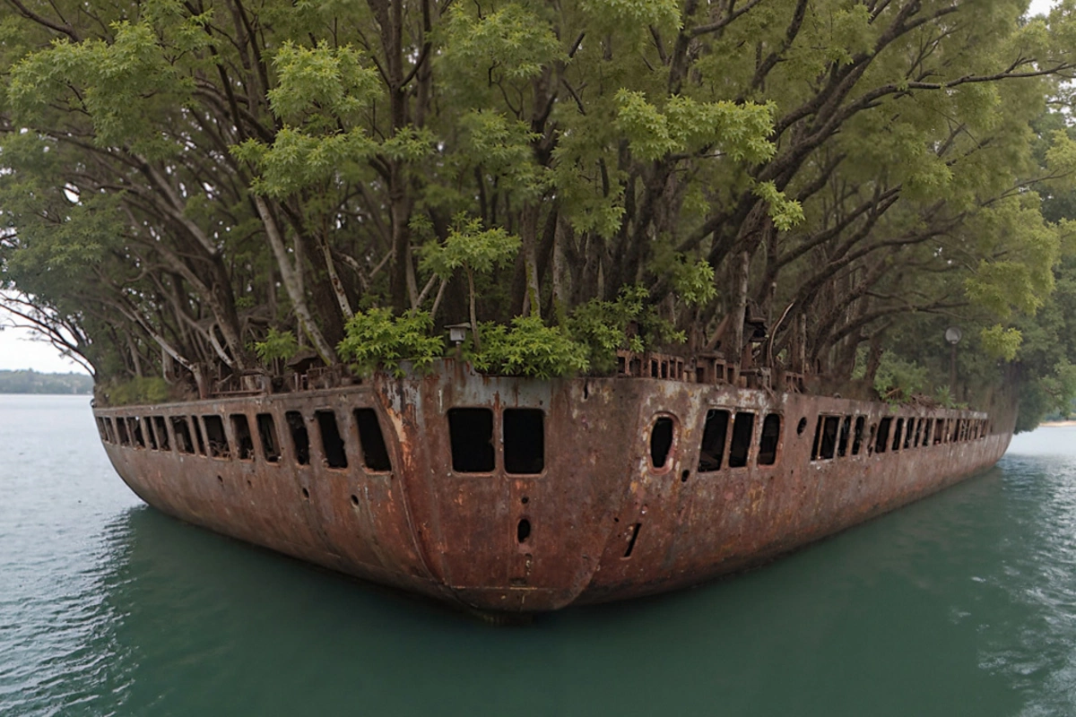 Заброшенный корабль "Плавающий лес", находящийся в заливе Хоумбуш в Сиднее